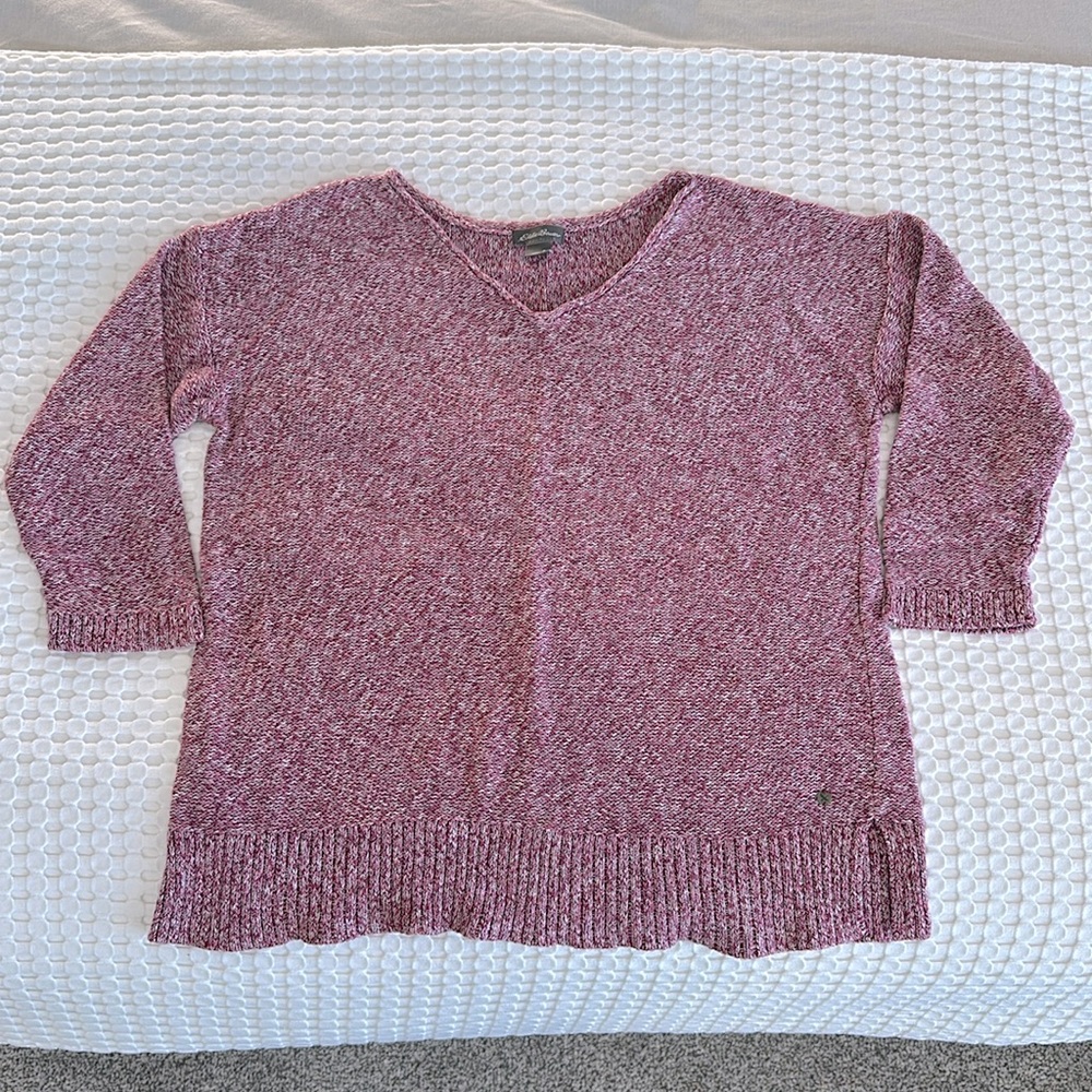 Burgundy Heathered Women’s Eddie Bauer 3/4 Sleeve V Neck Sweater